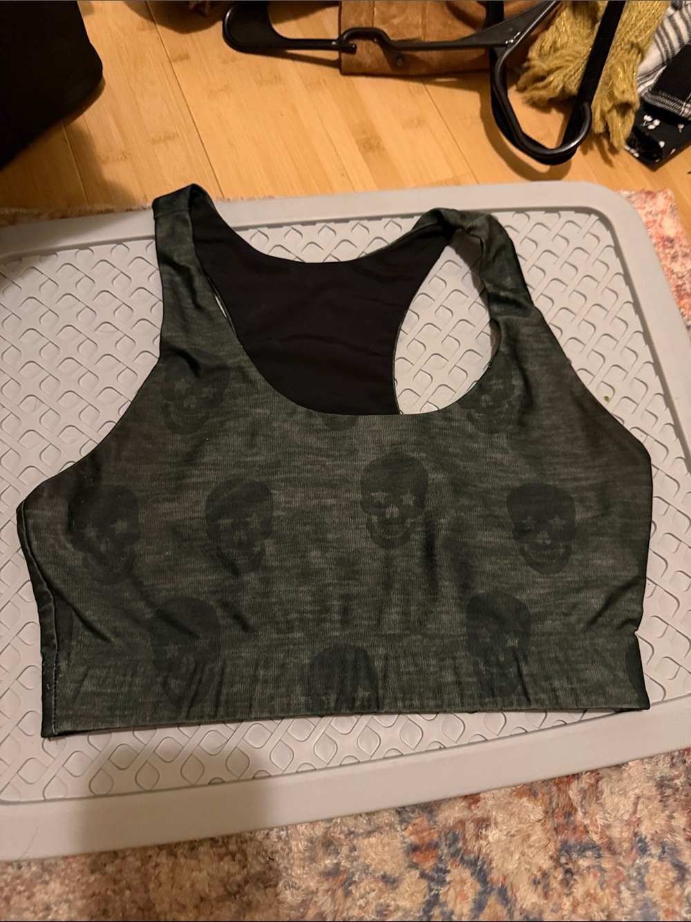 Skull-Print Olive Green Racerback Sports Bra